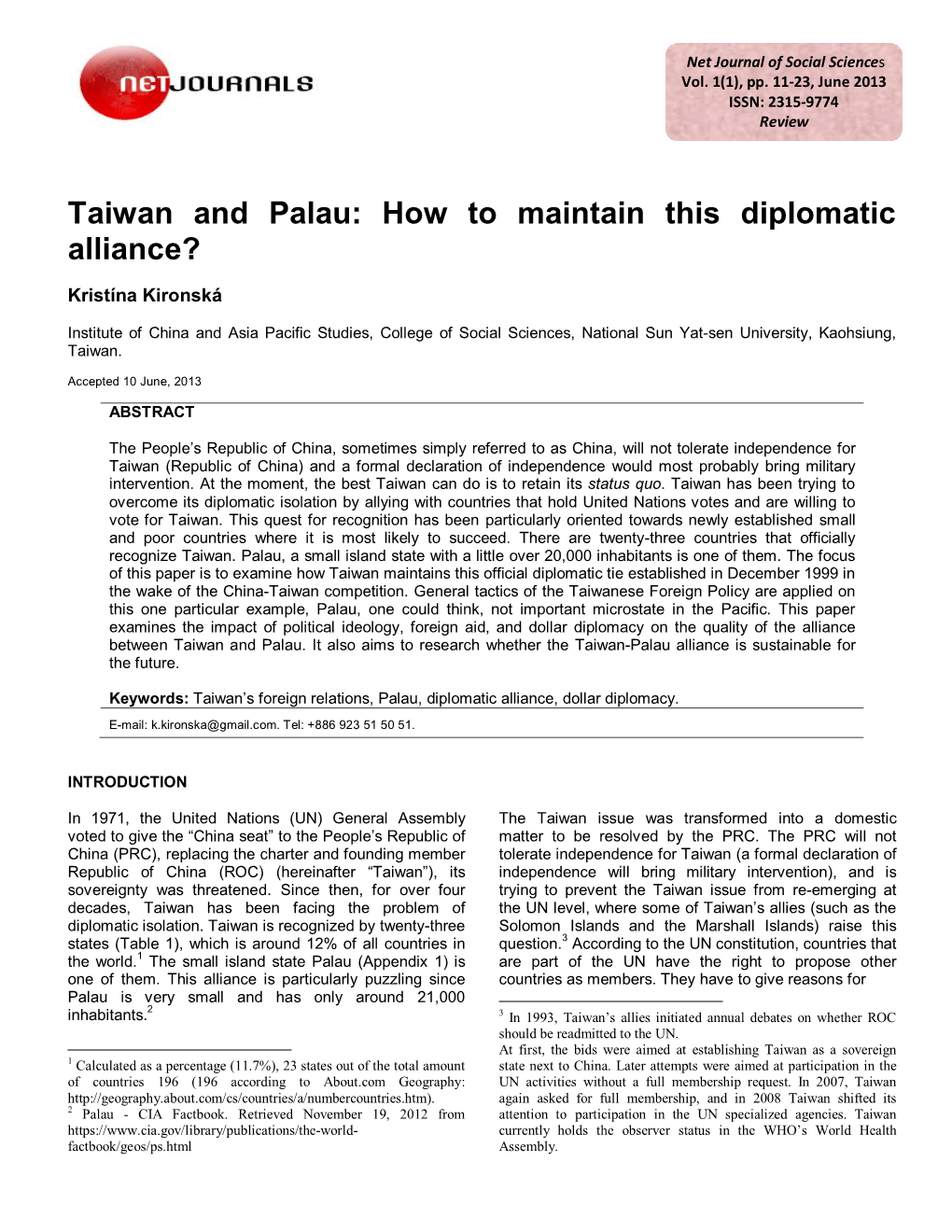 Taiwan and Palau: How to Maintain This Diplomatic Alliance?