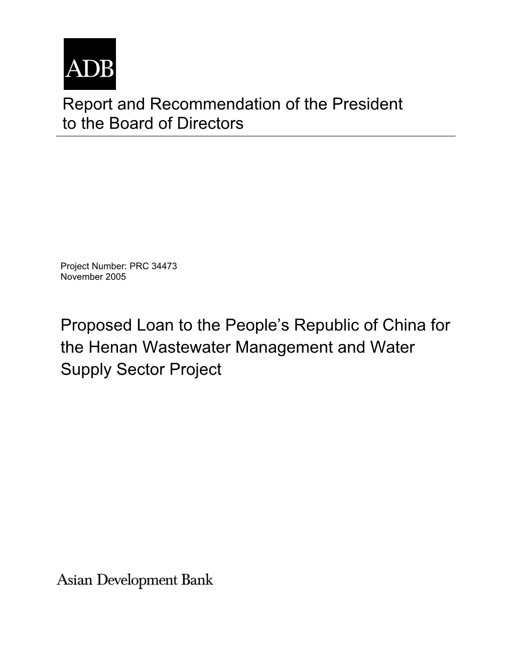 Proposed Loan to the People's Republic of China for the Henan