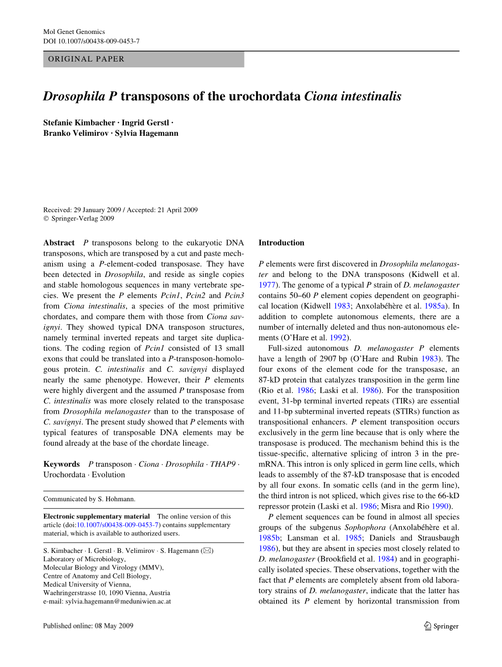 Drosophila P Transposons of the Urochordata Ciona Intestinalis