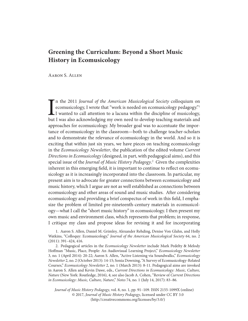 Greening the Curriculum: Beyond a Short Music History in Ecomusicology