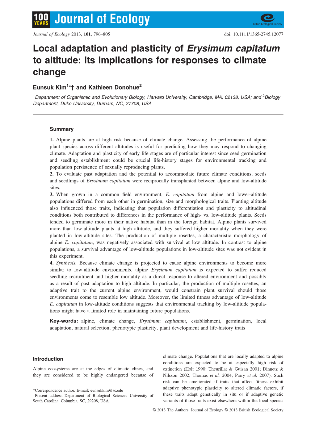 Local Adaptation and Plasticity of Erysimum Capitatum to Altitude: Its Implications for Responses to Climate Change