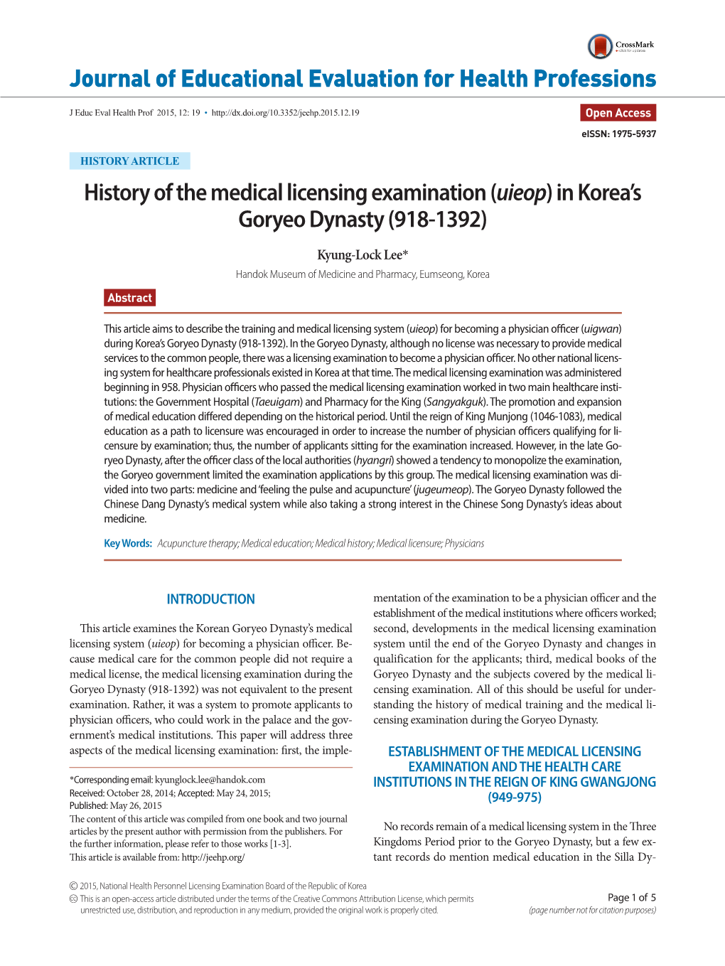History of the Medical Licensing Examination (Uieop) in Korea's
