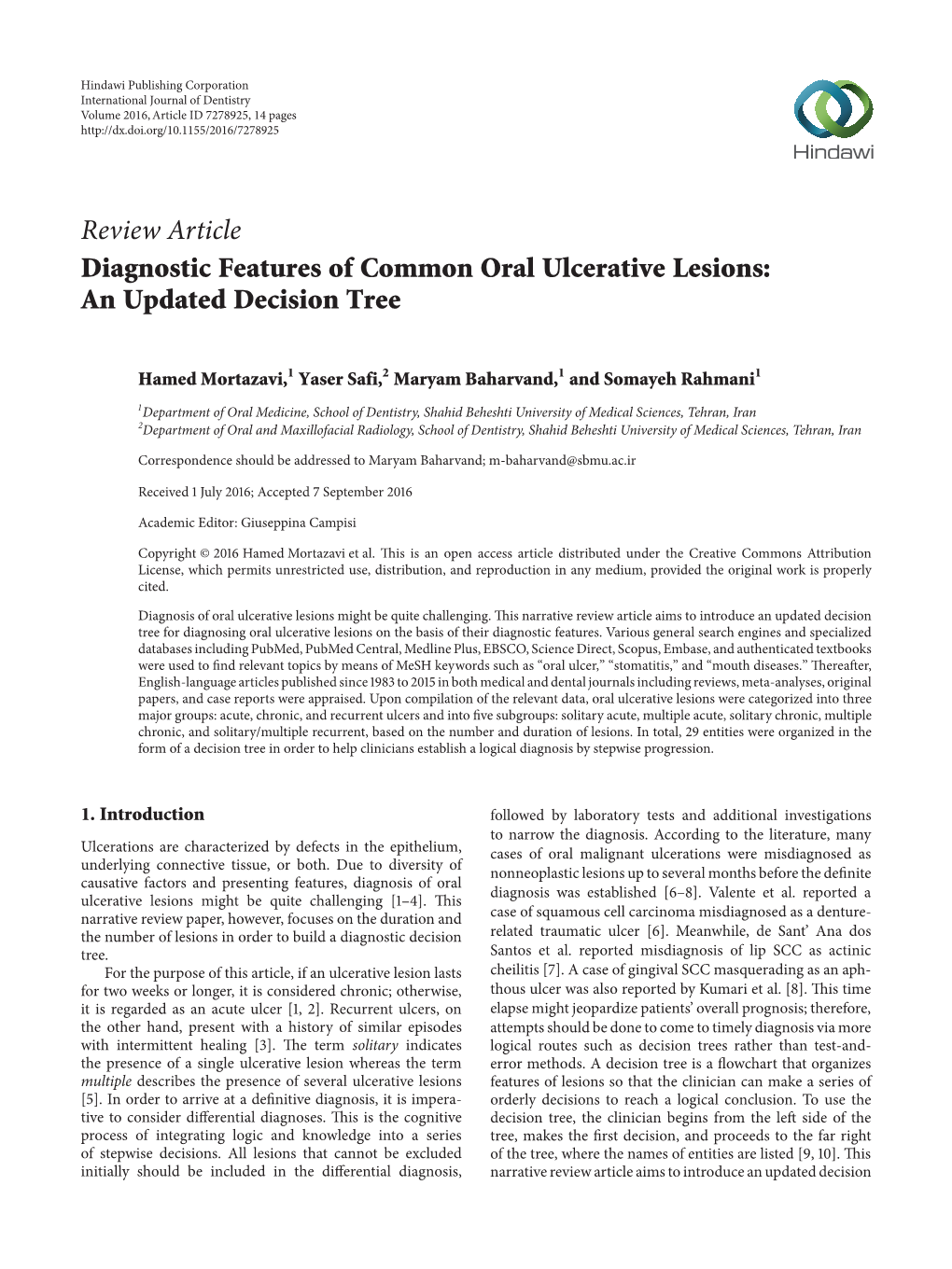 Review Article Diagnostic Features of Common Oral Ulcerative Lesions: an Updated Decision Tree