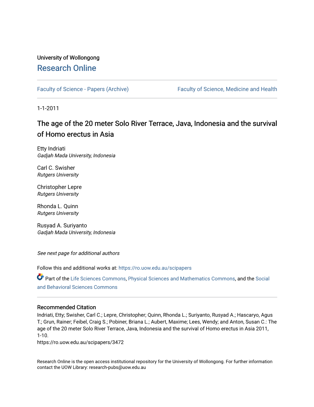 The Age of the 20 Meter Solo River Terrace, Java, Indonesia and the Survival of Homo Erectus in Asia