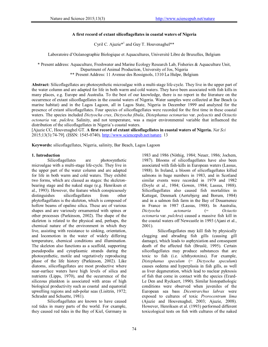 A First Record of Extant Silicoflagellates in Coastal Waters of Nigeria