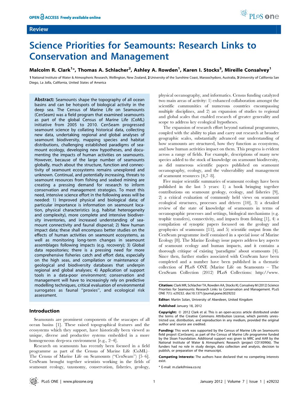 Science Priorities for Seamounts: Research Links to Conservation and Management