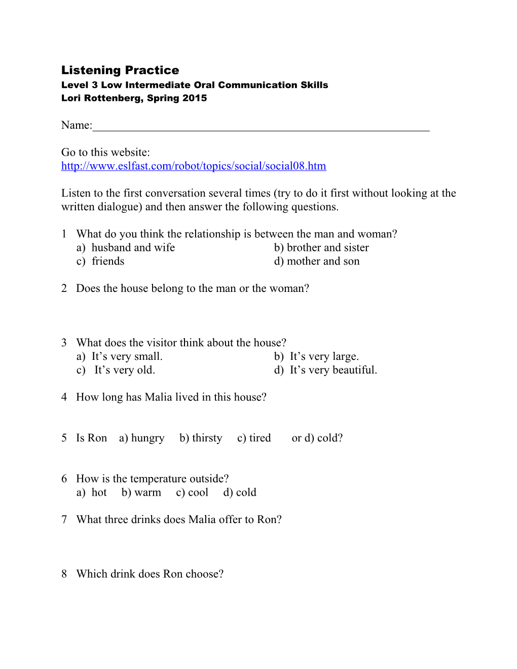 Level 3 Low Intermediate Oral Communication Skills