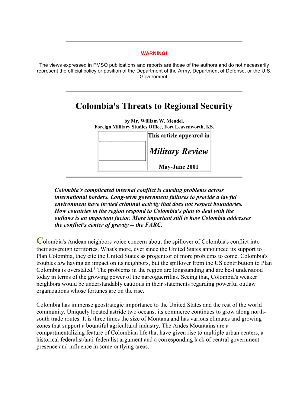 Colombia's Threats to Regional Security