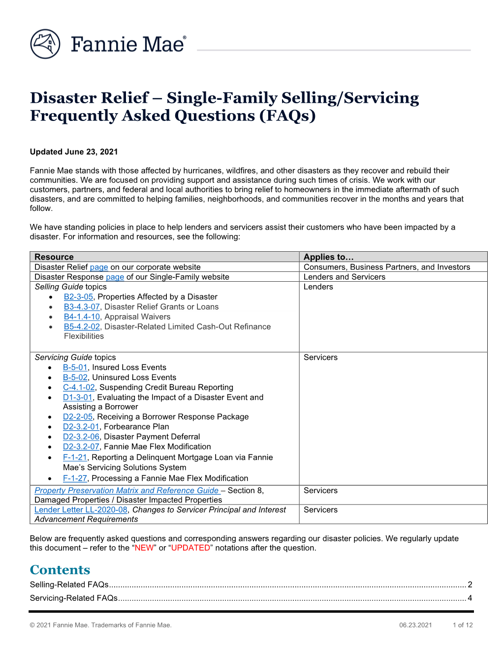 Disaster Relief – Single-Family Selling/Servicing Frequently Asked Questions (Faqs)