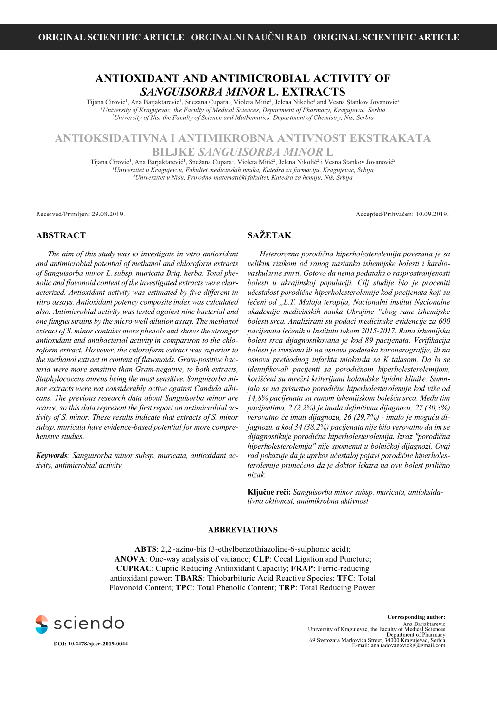 Antioxidant and Antimicrobial Activity of Sanguisorba Minor L. Extracts Antioksidativna I Antimikrobna Antivnost Ekstrakata