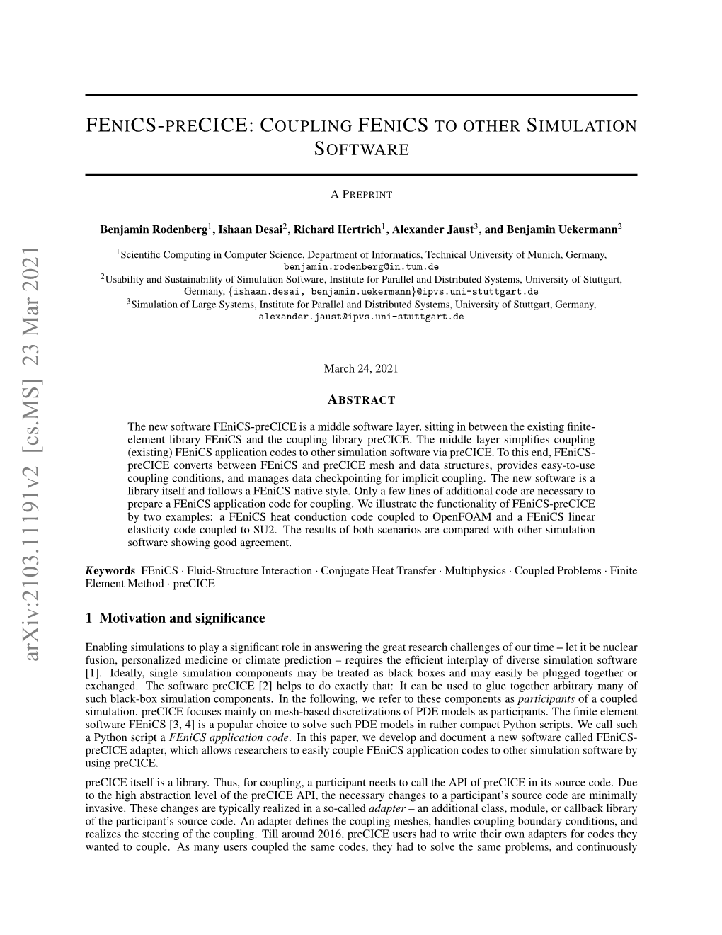 Arxiv:2103.11191V2 [Cs.MS] 23 Mar 2021 Fusion, Personalized Medicine Or Climate Prediction – Requires the Efﬁcient Interplay of Diverse Simulation Software [1]