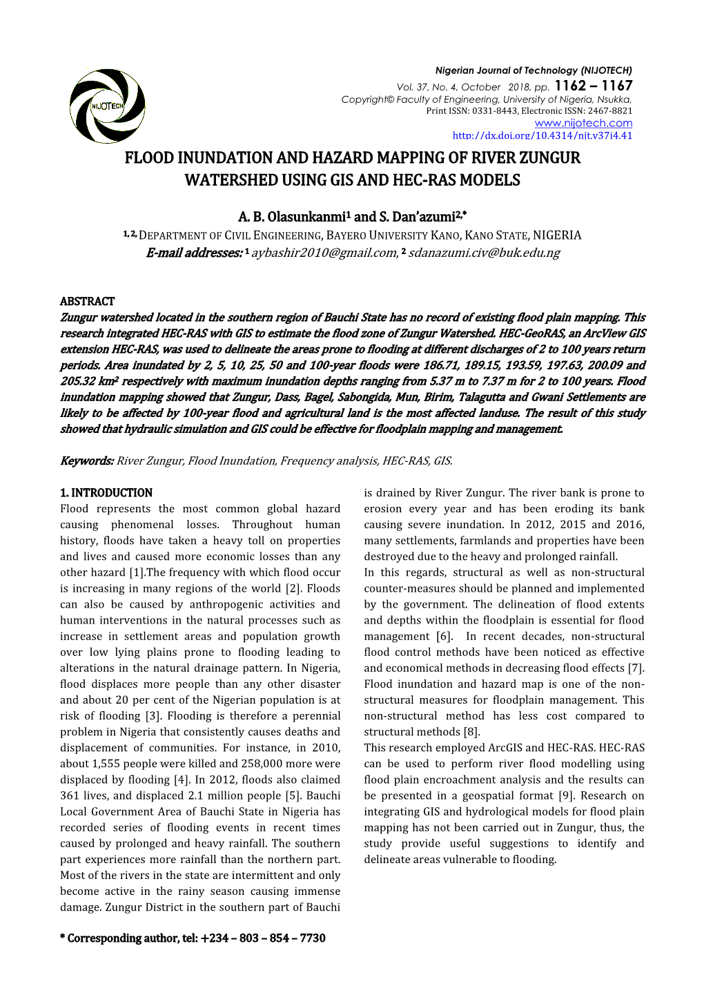 Flood Inundation and Hazard Mapping of River Zungur Watershed Using Gis and Hec-Ras Models