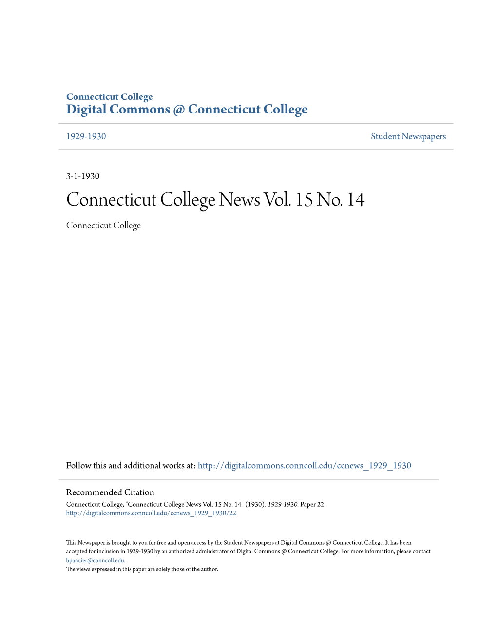 Connecticut College News Vol. 15 No. 14 Connecticut College