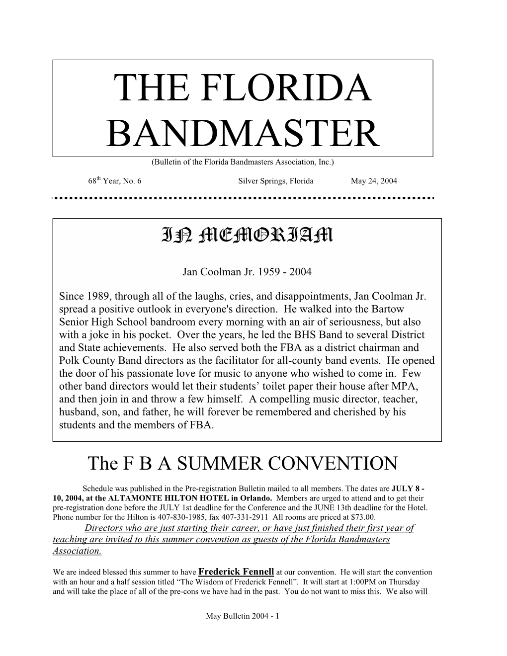 Bulletin of the Florida Bandmasters Association, Inc.