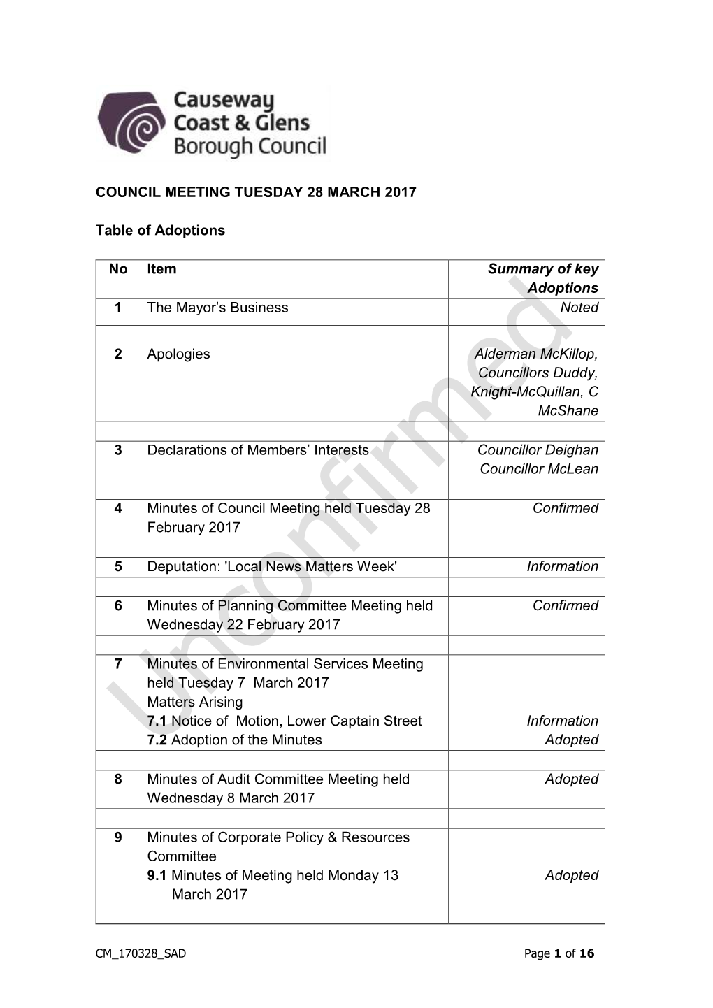 COUNCIL MEETING TUESDAY 28 MARCH 2017 Table of Adoptions