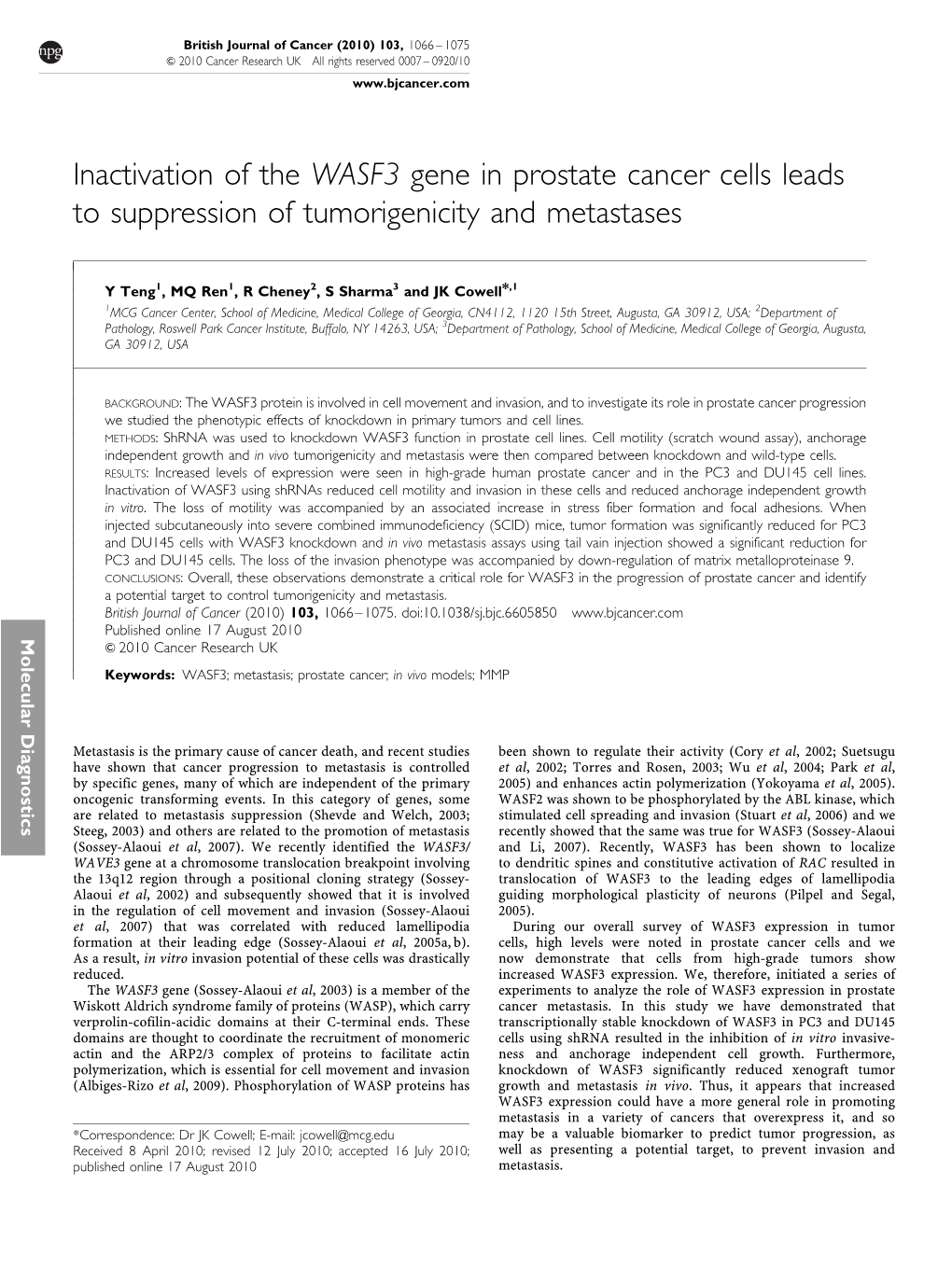 Inactivation of the WASF3 Gene in Prostate Cancer Cells Leads to Suppression of Tumorigenicity and Metastases