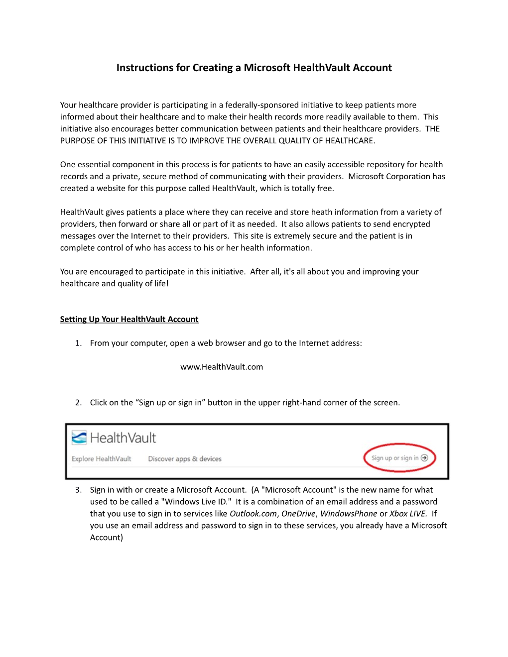Instructions for Creating a Microsoft Healthvault Account