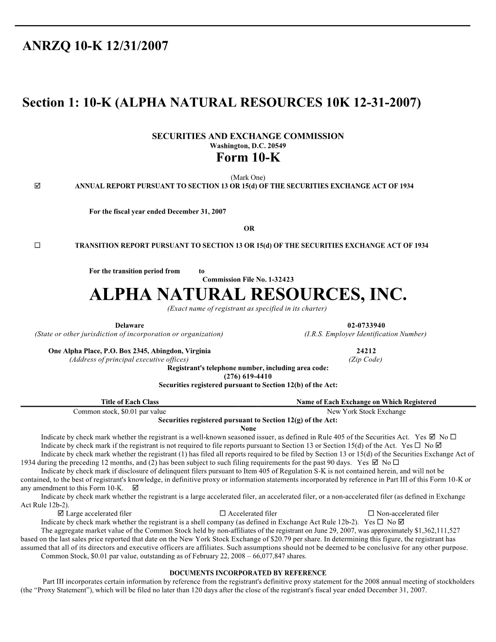 ALPHA NATURAL RESOURCES, INC. (Exact Name of Registrant As Specified in Its Charter)