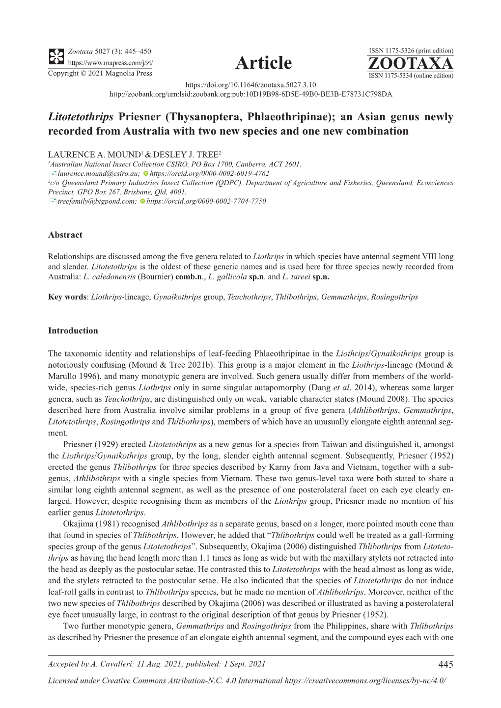 Thysanoptera, Phlaeothripinae); an Asian Genus Newly Recorded from Australia with Two New Species and One New Combination