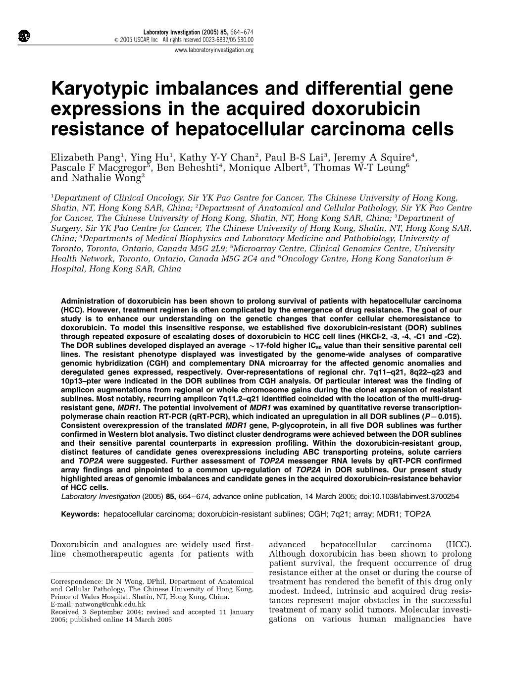 Karyotypic Imbalances and Differential Gene Expressions in the Acquired Doxorubicin Resistance of Hepatocellular Carcinoma Cells