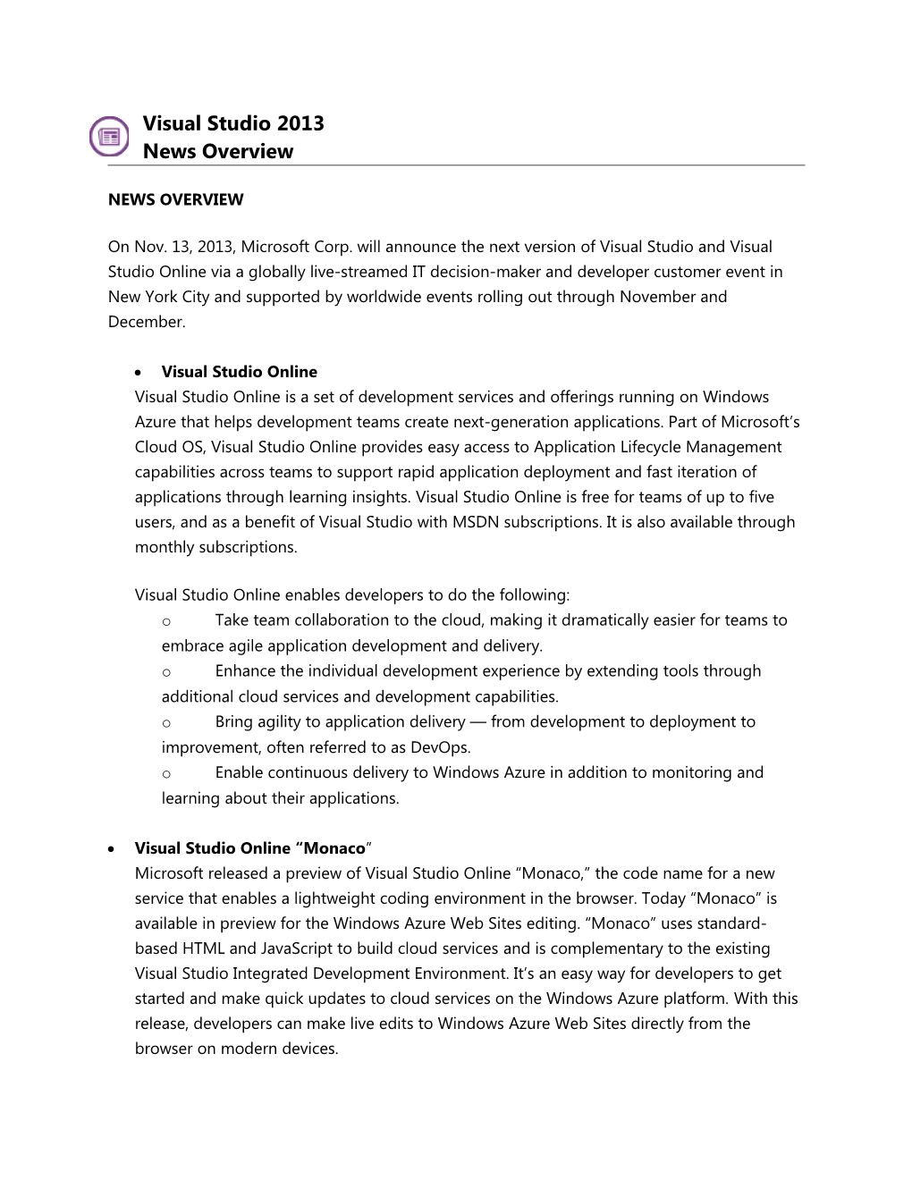 Visual Studio 2013 News Fact Sheet