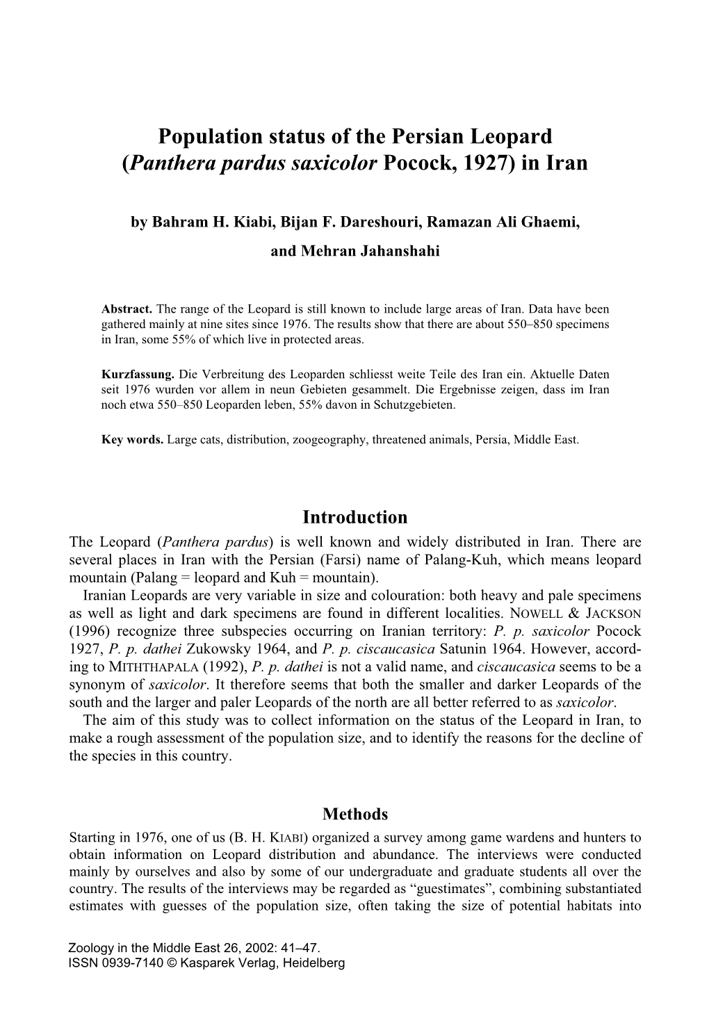 Population Status of the Persian Leopard (Panthera Pardus Saxicolor Pocock, 1927) in Iran