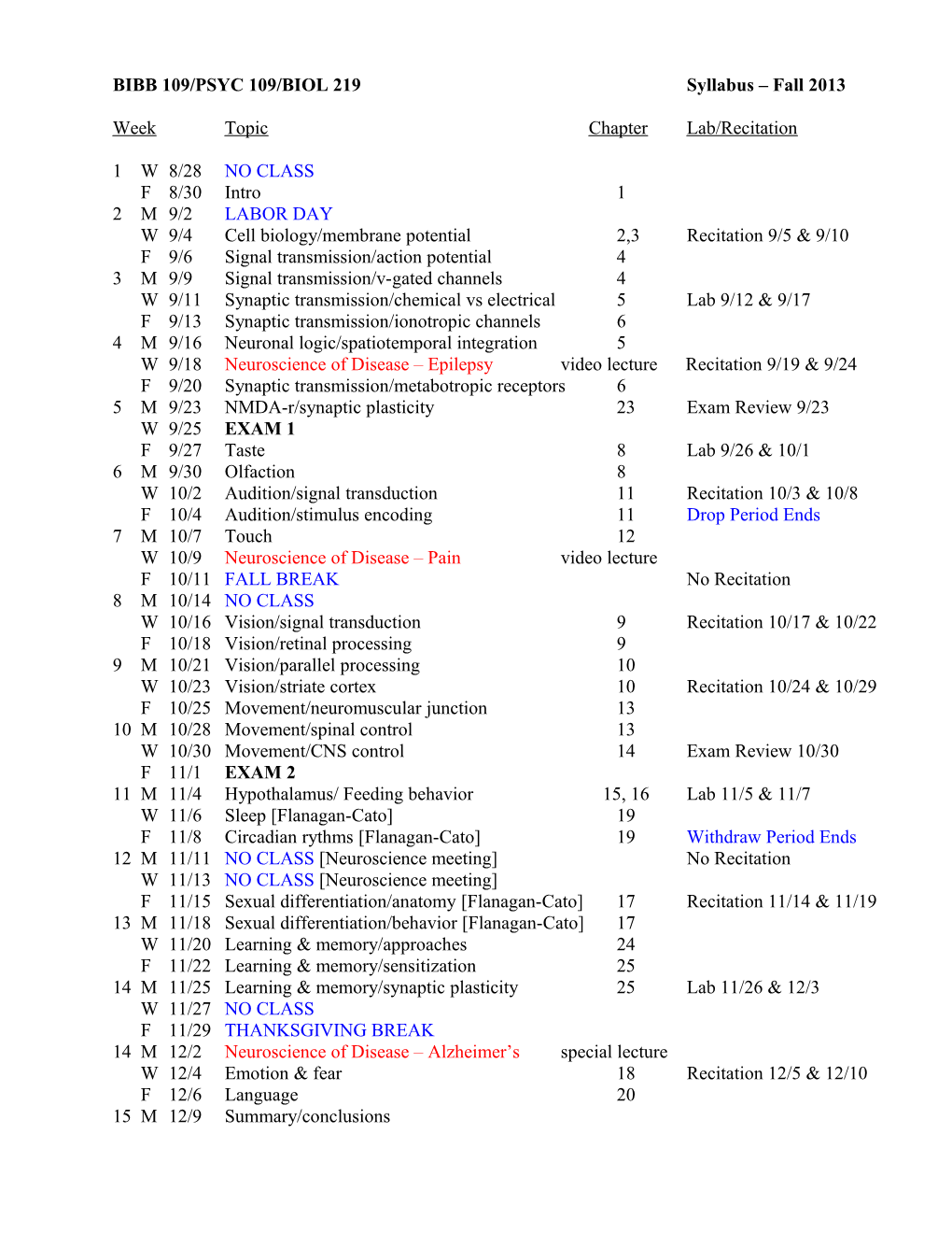 BIBB 109/PSYC 109/BIOL 219 Syllabus Fall 2013