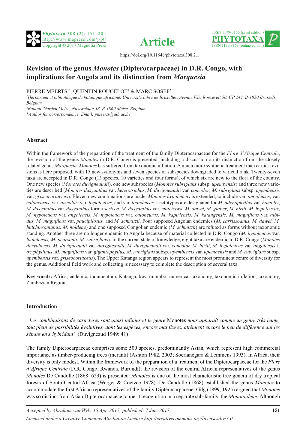 Revision of the Genus Monotes (Dipterocarpaceae) in D.R. Congo, with Implications for Angola and Its Distinction from Marquesia