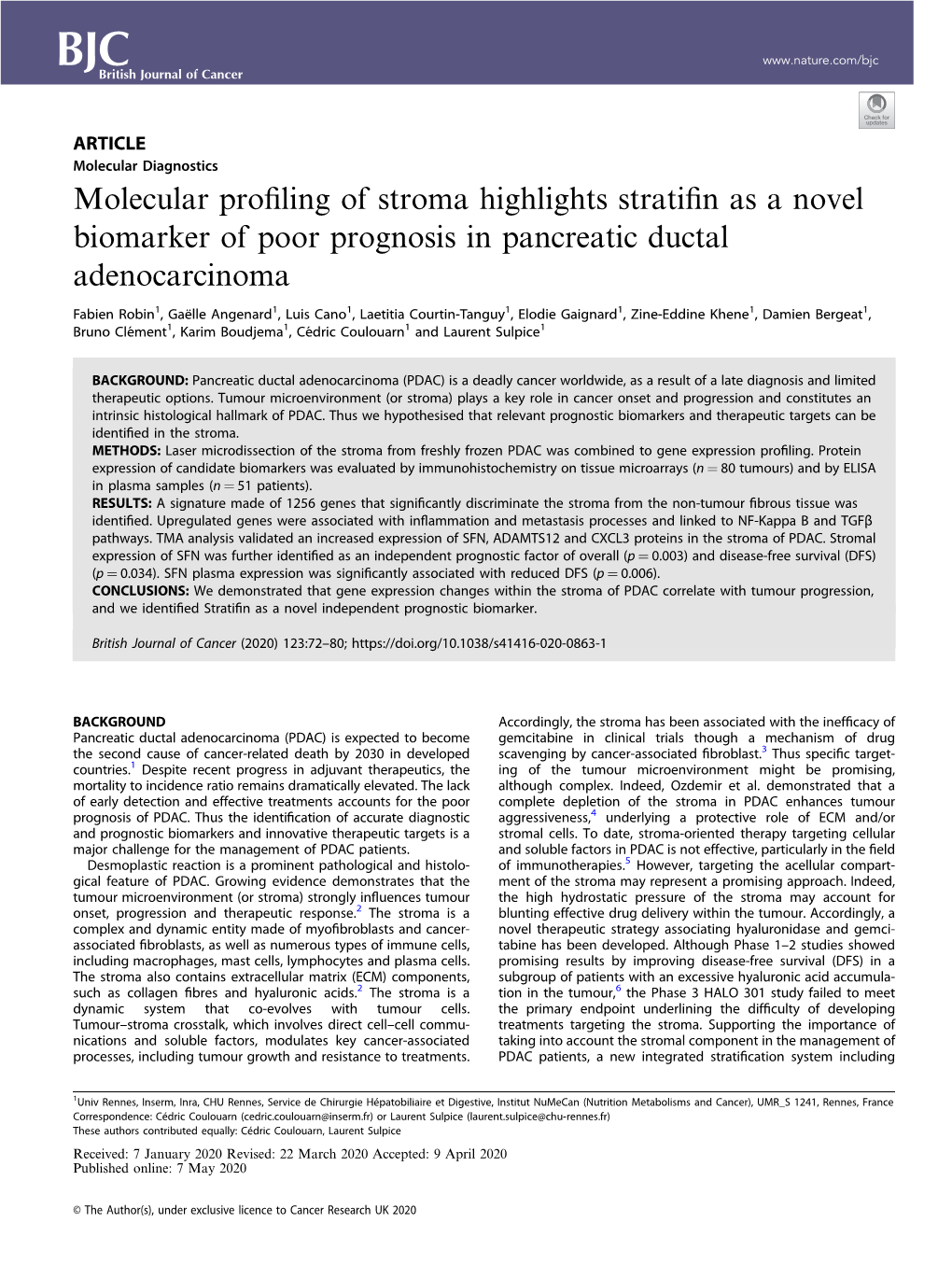 Molecular Profiling of Stroma Highlights Stratifin As A