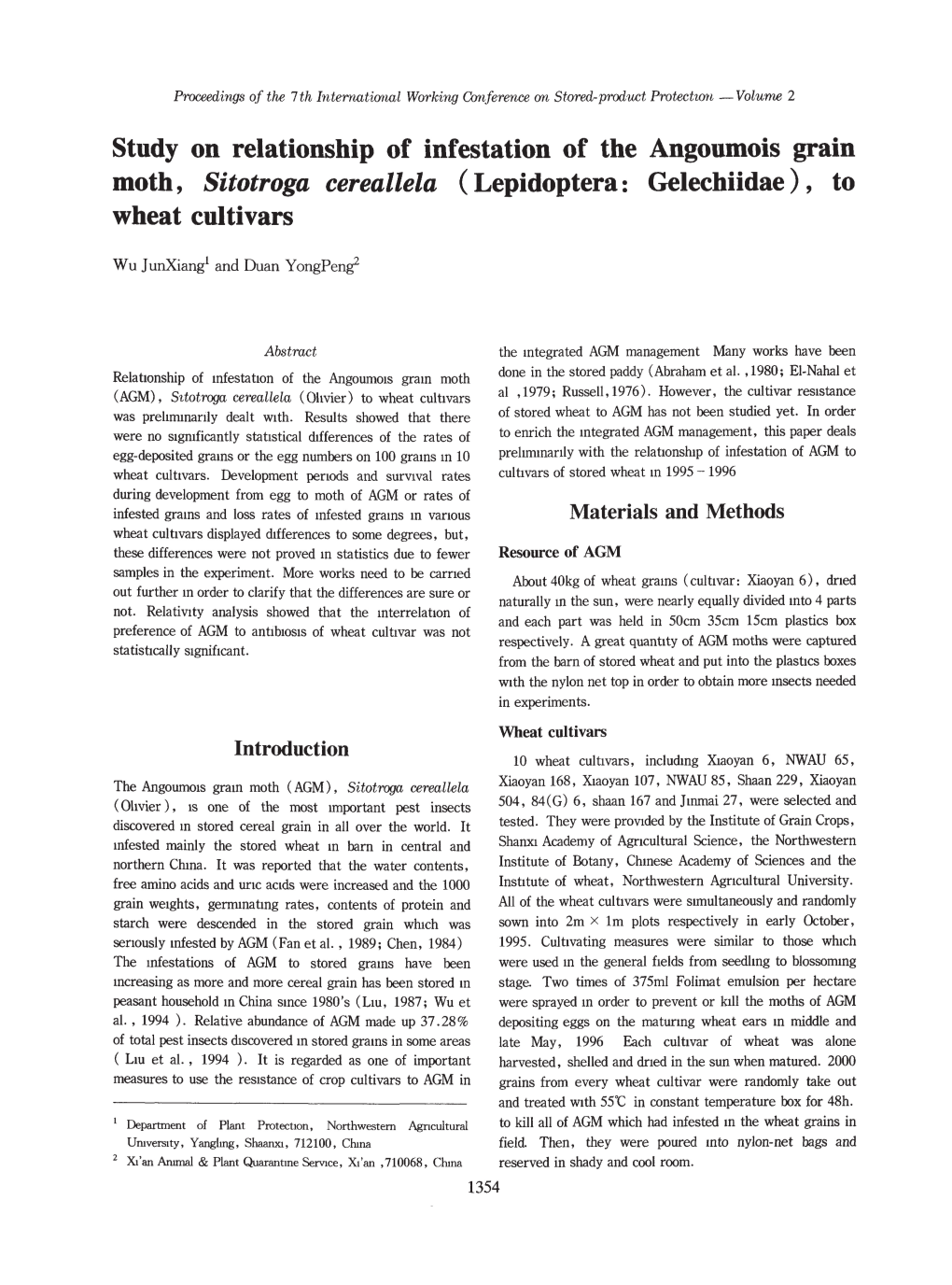 Study on Relationship of Infestation of the Angoumois Grain Moth, Sitotroga Cereallela (Lepidoptera: Gelechiidae), to Wheat Cultivars