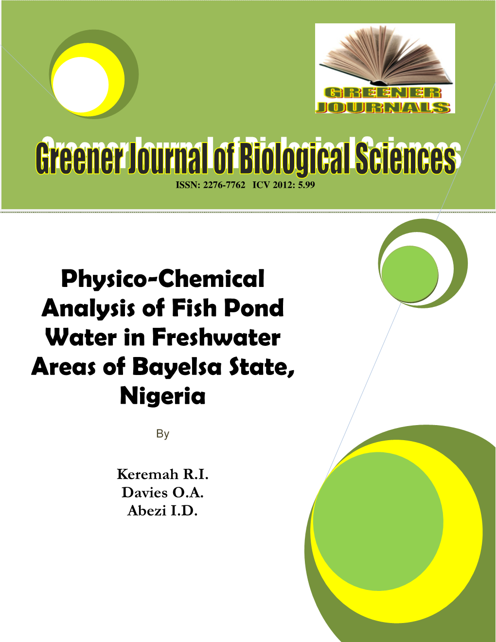 Physico-Chemical Analysis of Fish Pond Water in Freshwater Areas of Bayelsa State, Nigeria