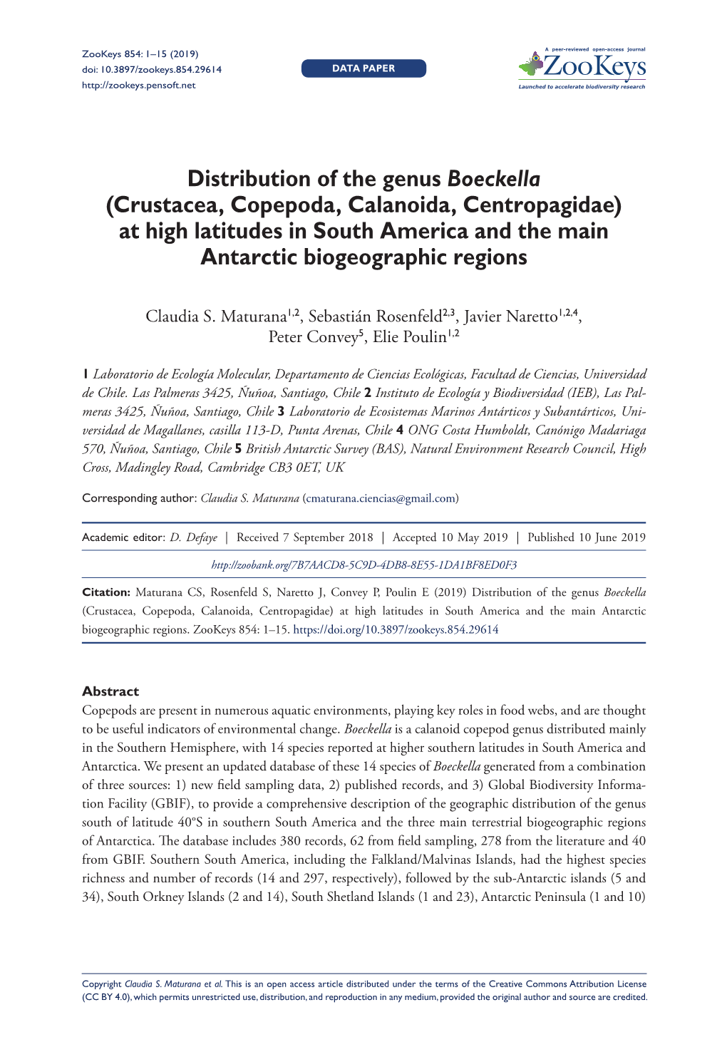 Distribution of the Genus Boeckella (Crustacea, Copepoda, Calanoida, Centropagidae) at High Latitudes in South America and the Main Antarctic Biogeographic Regions