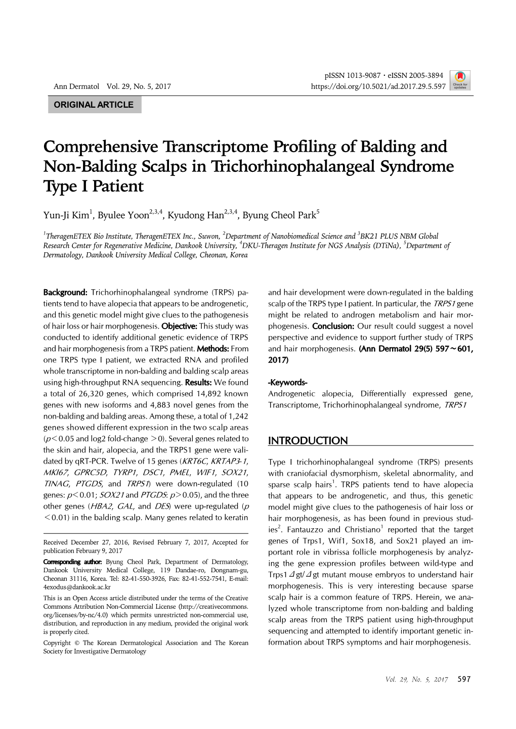 Comprehensive Transcriptome Profiling of Balding and Non-Balding Scalps in Trichorhinophalangeal Syndrome Ty P E I Pa T I E N T