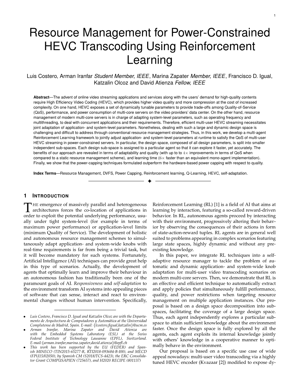 Resource Management for Power-Constrained HEVC Transcoding Using Reinforcement Learning