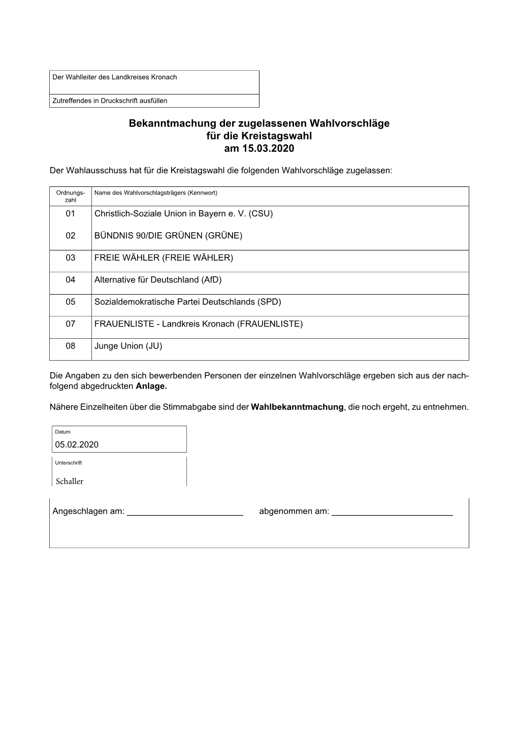 Bekanntmachung Der Zugelassenen Wahlvorschläge Für Die Kreistagswahl Am 15.03.2020