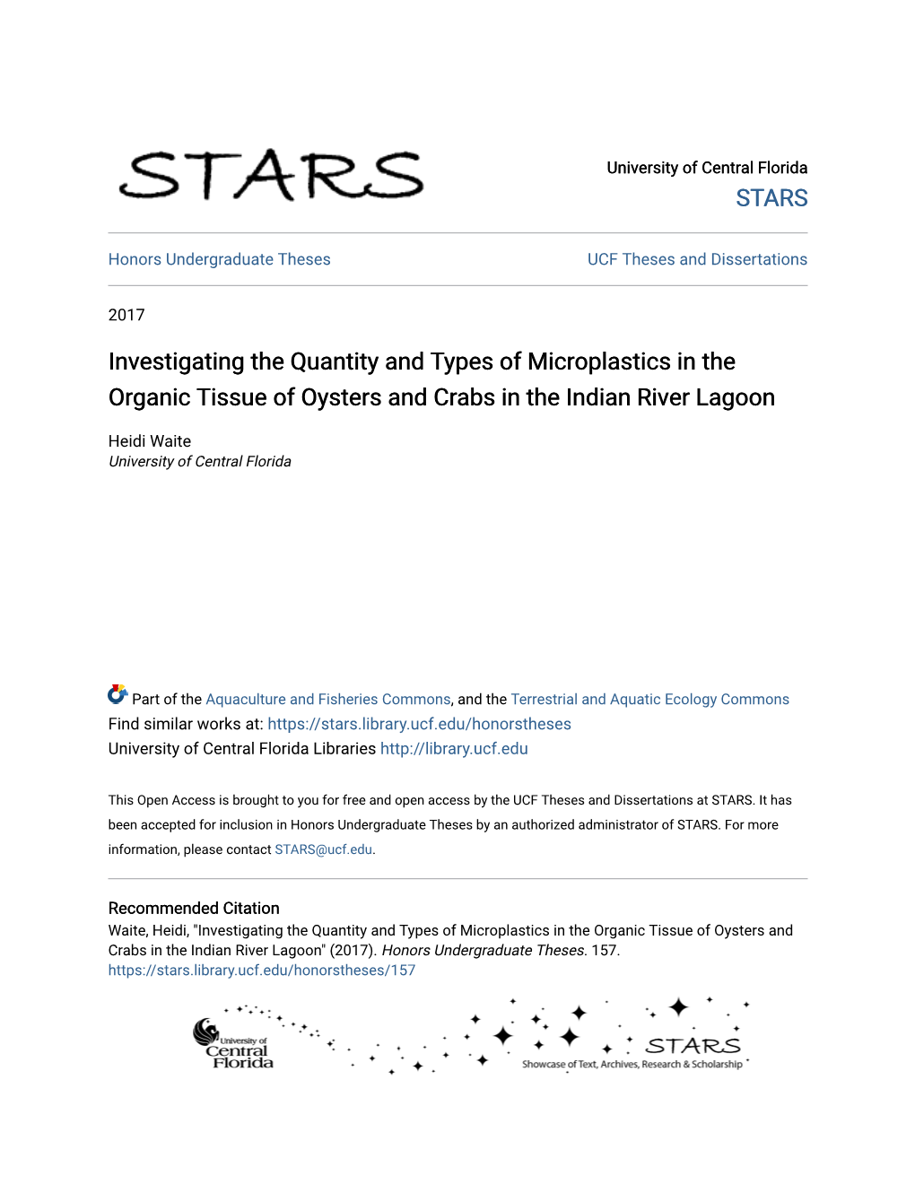 Investigating the Quantity and Types of Microplastics in the Organic Tissue of Oysters and Crabs in the Indian River Lagoon