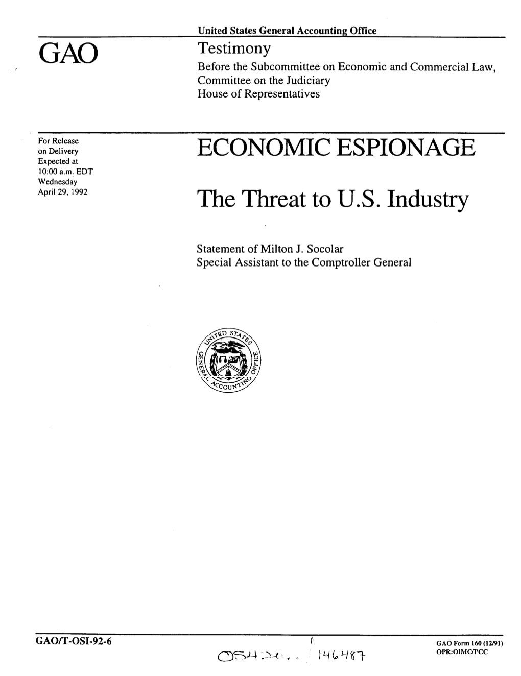 T-OSI-92-6 Economic Espionage: the Threat to U.S. Industry