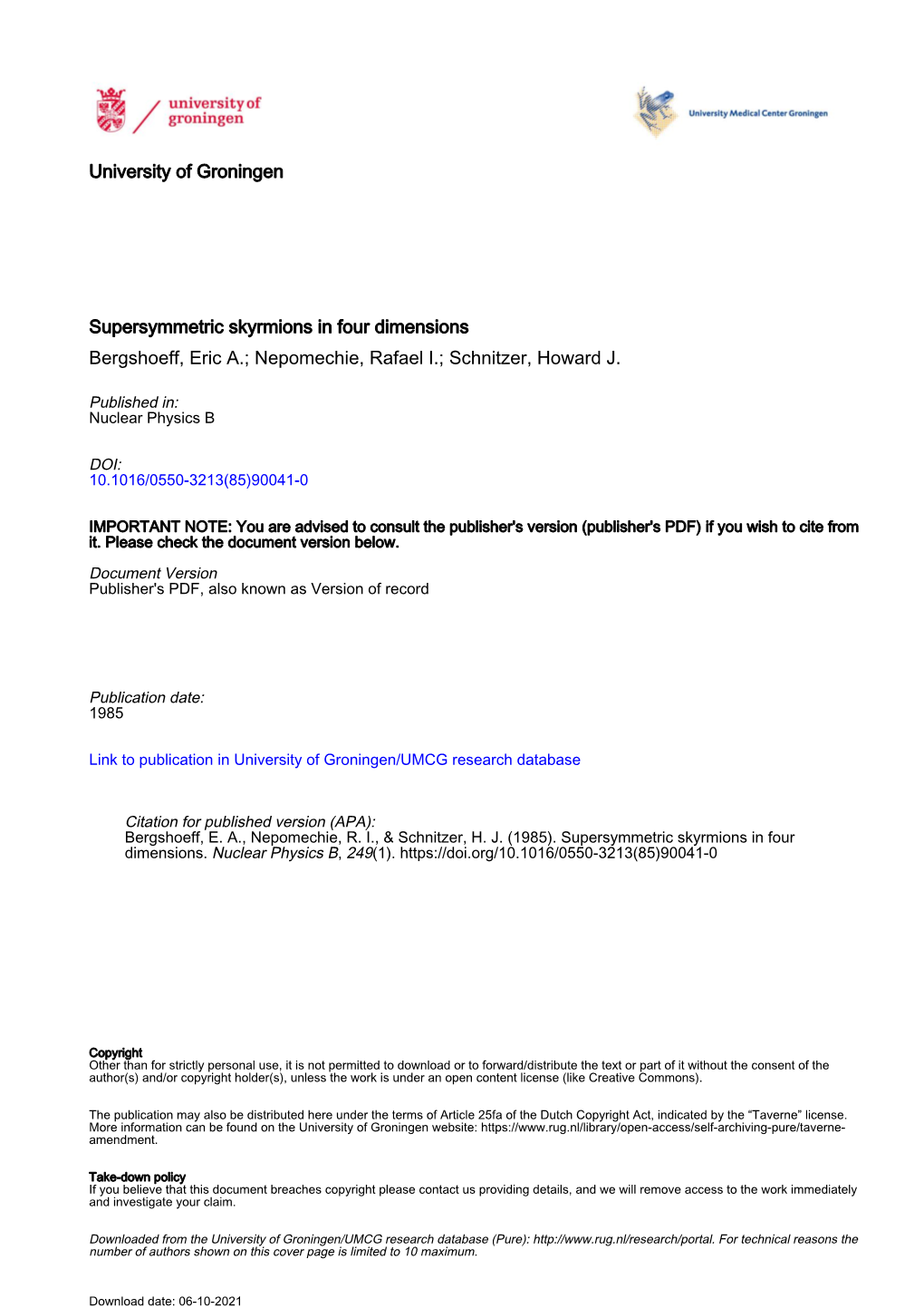 University of Groningen Supersymmetric Skyrmions in Four