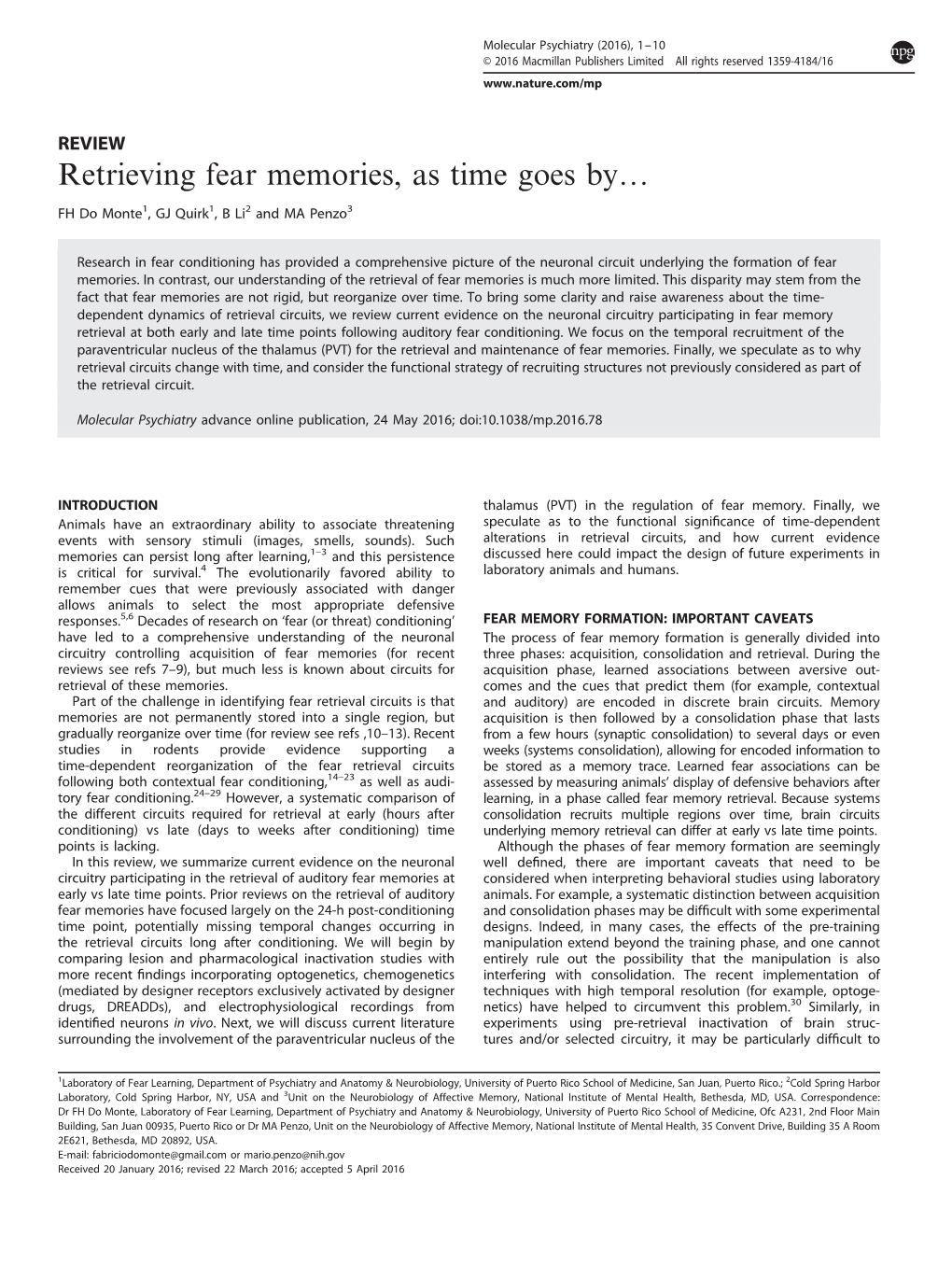 Retrieving Fear Memories, As Time Goes By&Mldr;