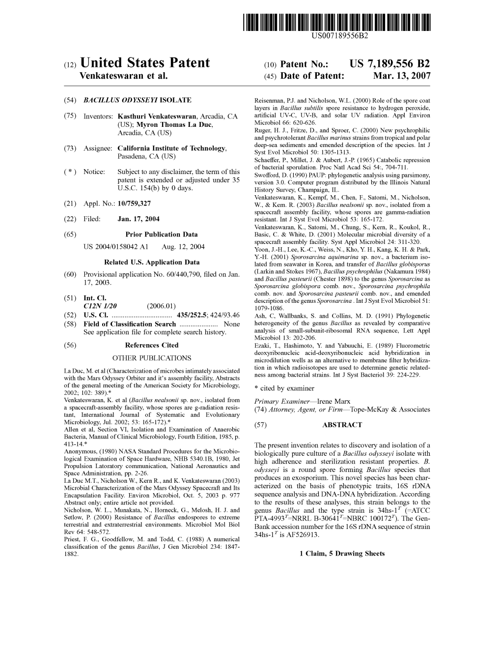 (12) United States Patent (Io) Patent No.: US 7,189,556 B2 Venkateswaran Et Al