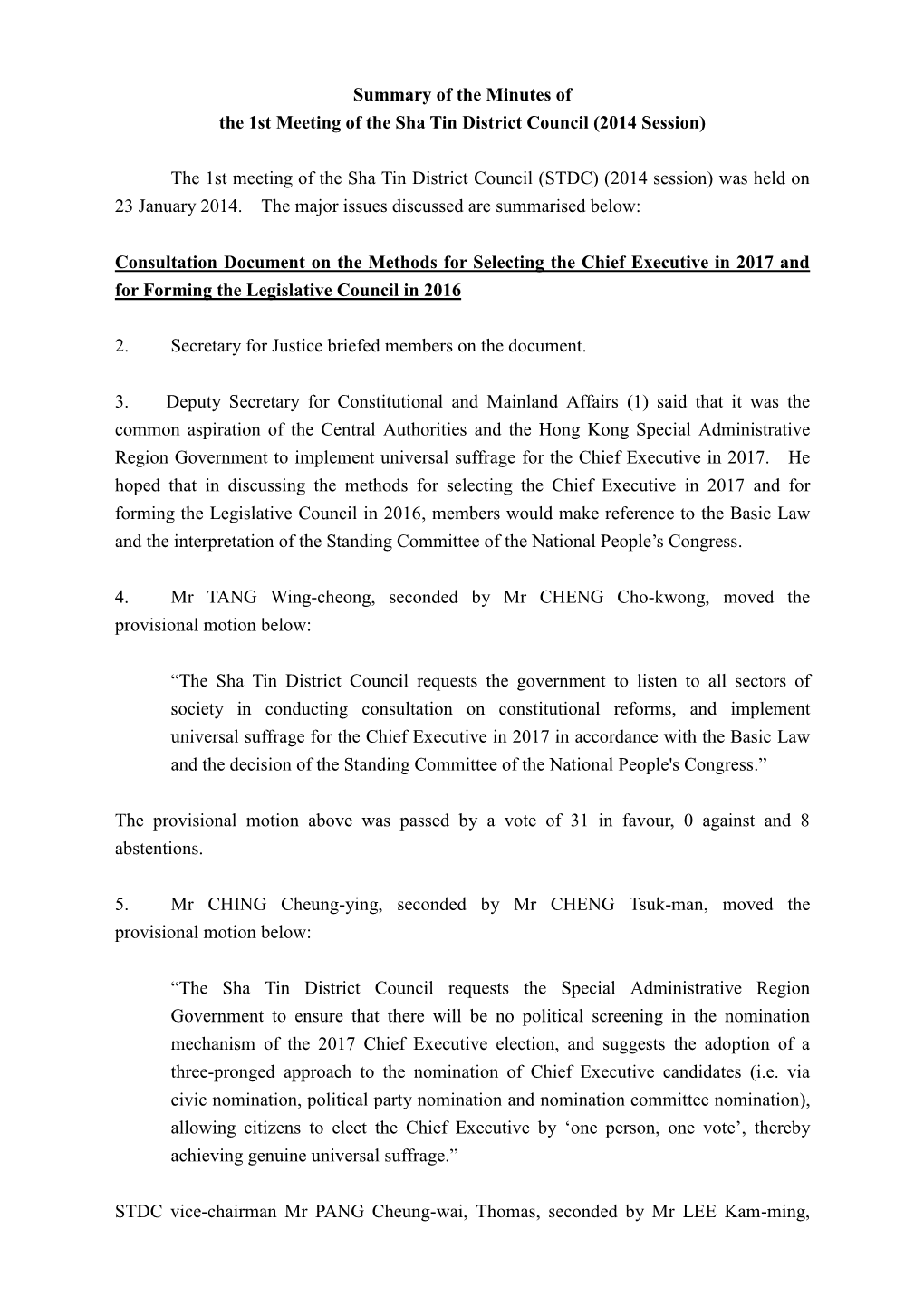 Summary of the Minutes of the 1St Meeting of the Sha Tin District Council (2014 Session)
