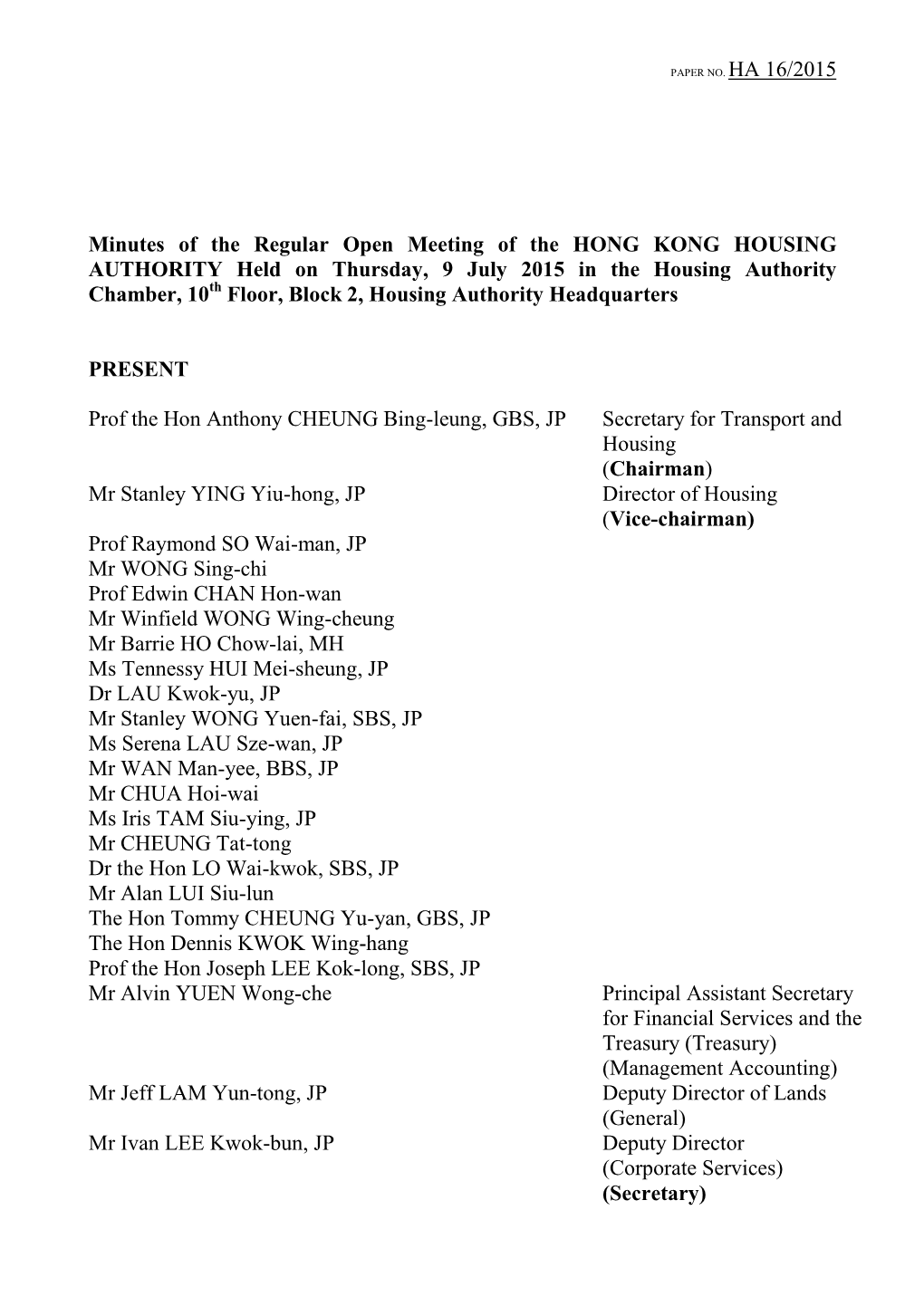 Minutes of Meeting of the Housing Authority's Subsidised Housing