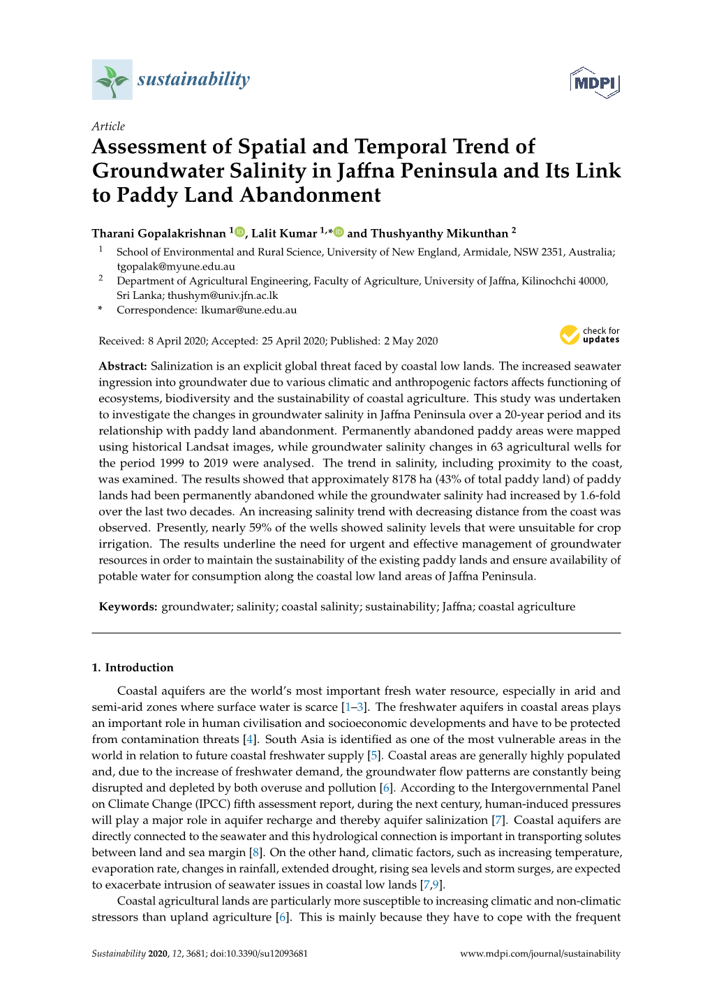 Assessment of Spatial and Temporal Trend of Groundwater Salinity in Jaﬀna Peninsula and Its Link to Paddy Land Abandonment