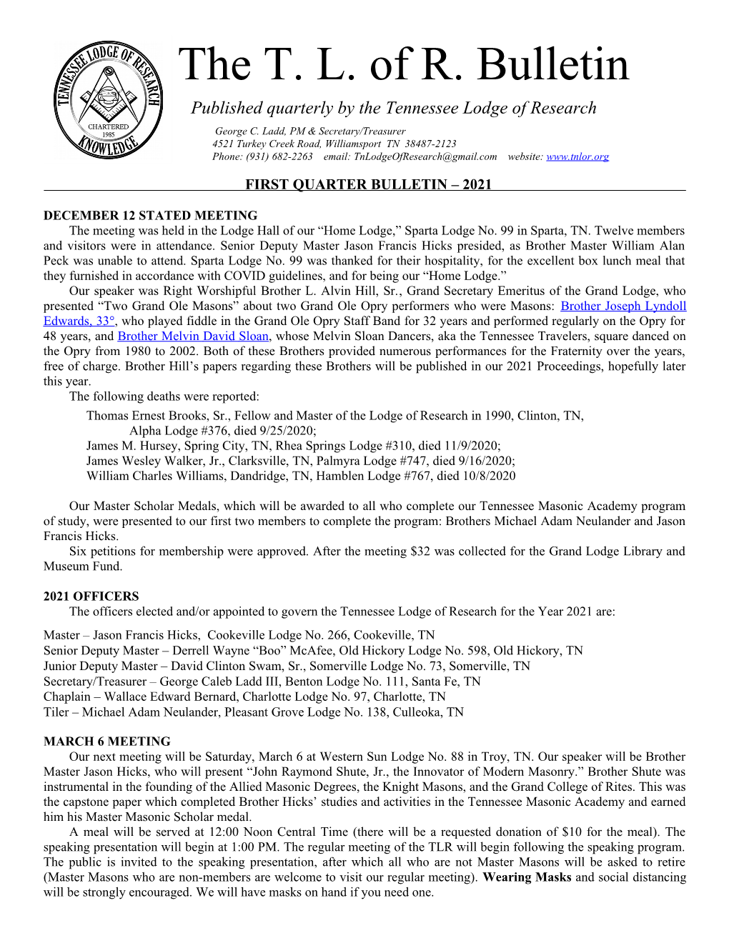 TN Lodge of Research 1St Quarter Bulletin 2021