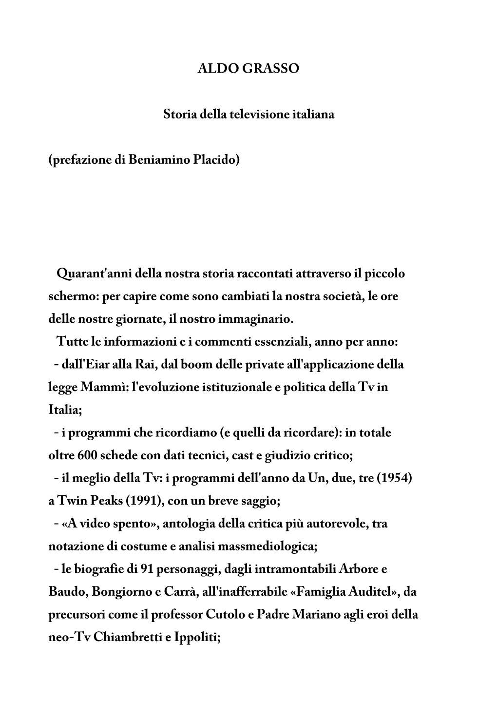 ALDO GRASSO Storia Della Televisione Italiana