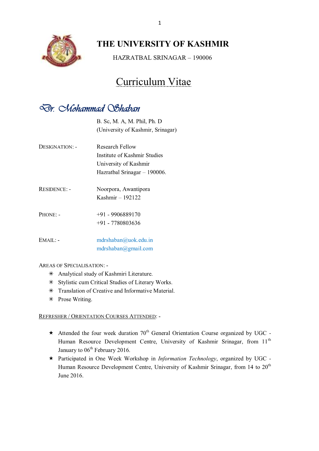 Curriculum Vitae Dr. Mohammad Shaban