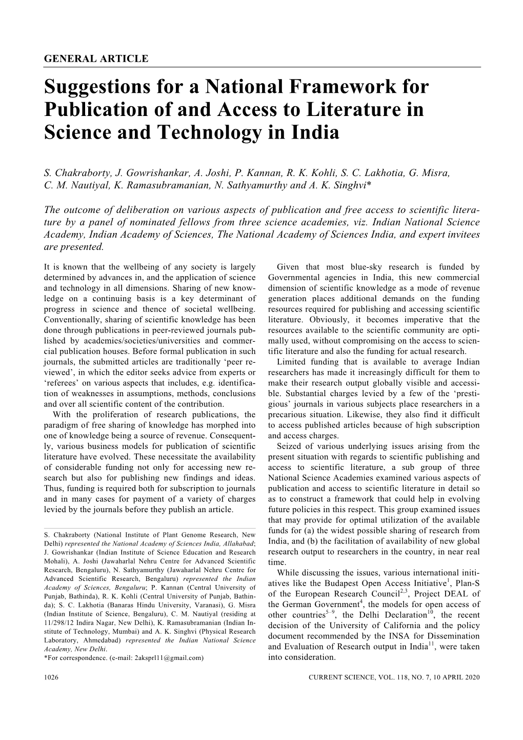 Suggestions for a National Framework for Publication of and Access to Literature in Science and Technology in India