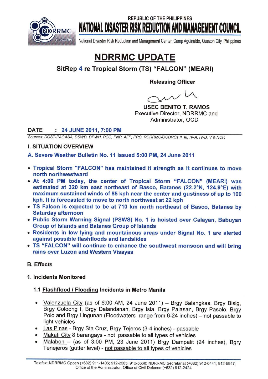 NDRRMC Update for SITREP 4 Re TS Falcon 24 June 2011