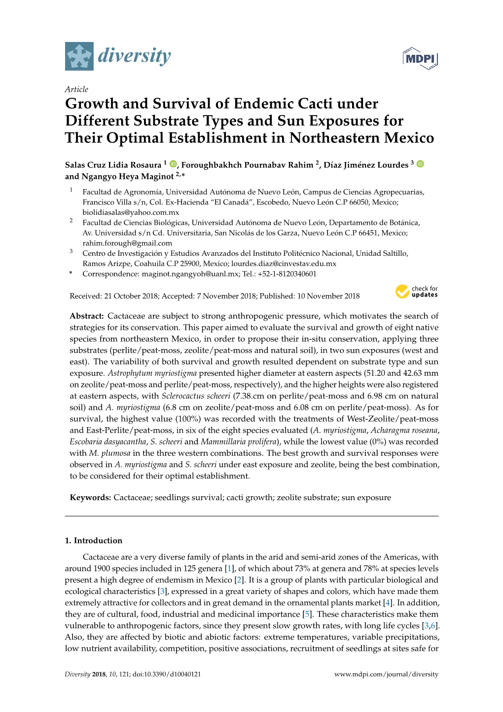 Growth and Survival of Endemic Cacti Under Different Substrate Types and Sun Exposures for Their Optimal Establishment in Northeastern Mexico