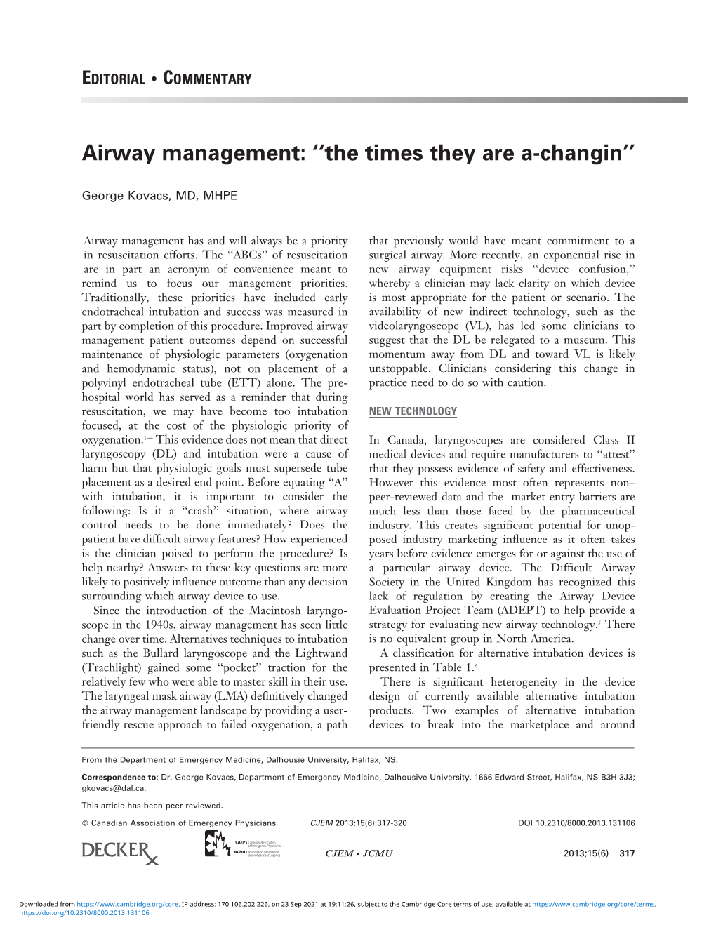 Airway Management: ‘‘The Times They Are A-Changin’’